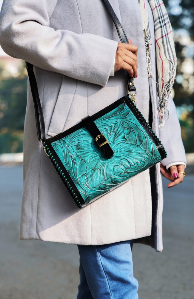 Handmade Leather Sling Bag - Turquoise