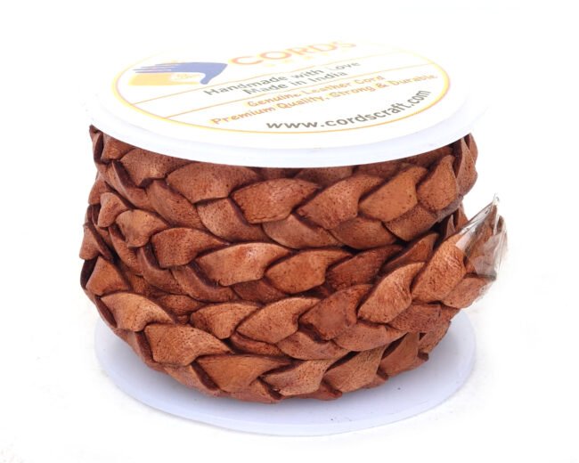 10mm Flat Braided Leather Cord, Vintage Brown