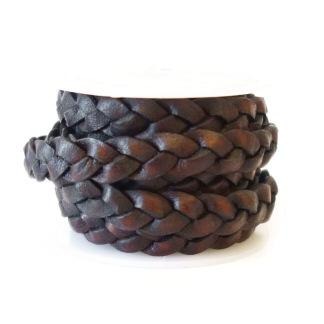 10mm Flat Braided Leather Cord, Vintage Dark Brown