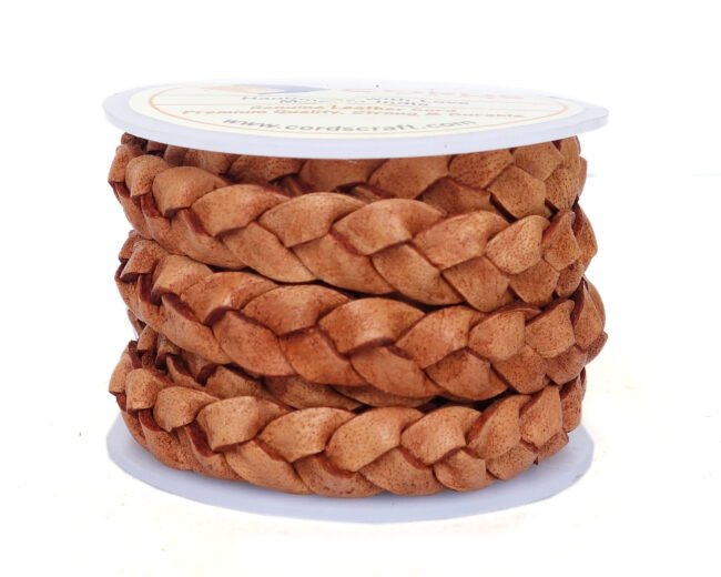 10mm Flat Braided Leather Cord, Vintage Tan