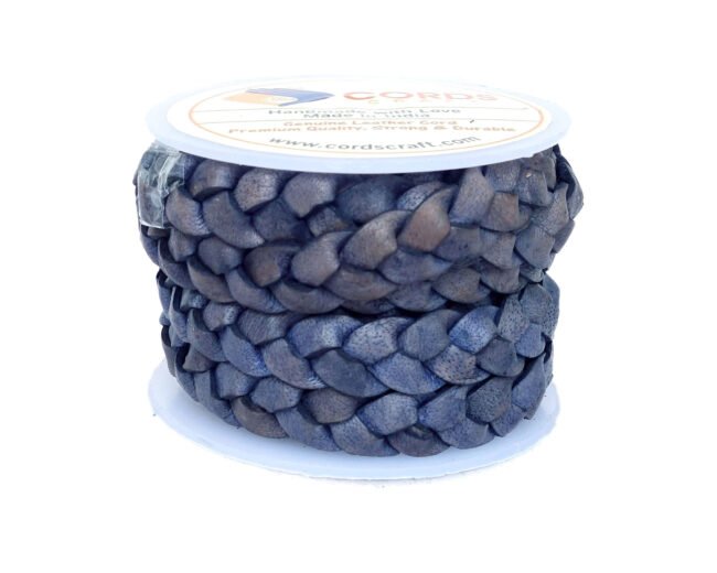 10mm Flat Braided Leather Cord, Blue Vintage
