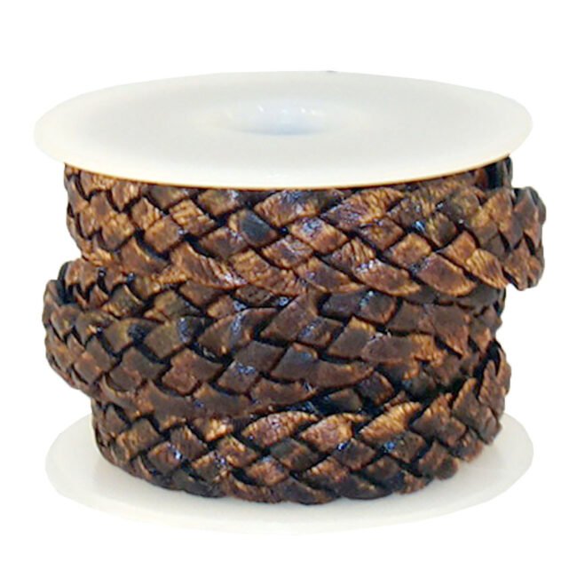 12mm Flat Braided Leather Cord, Vintage Dark Brown