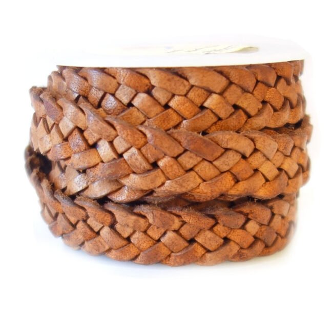 12mm Flat Braided Leather Cord, Vintage Tan