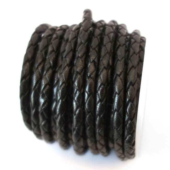 3mm Round Braided Leather Cord, Black