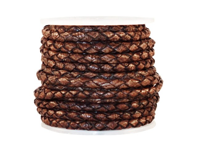 3mm Round Braided Leather Cord, Vintage Dark Brown