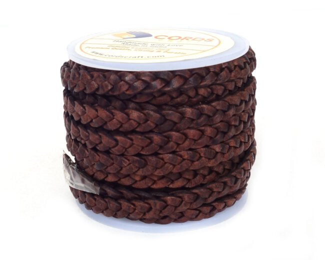 5mm Flat Braided Leather Cord, Dark Brown Vintage