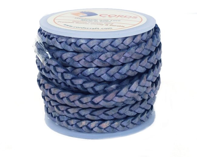 5mm Flat Braided Leather Cord, Blue Vintage